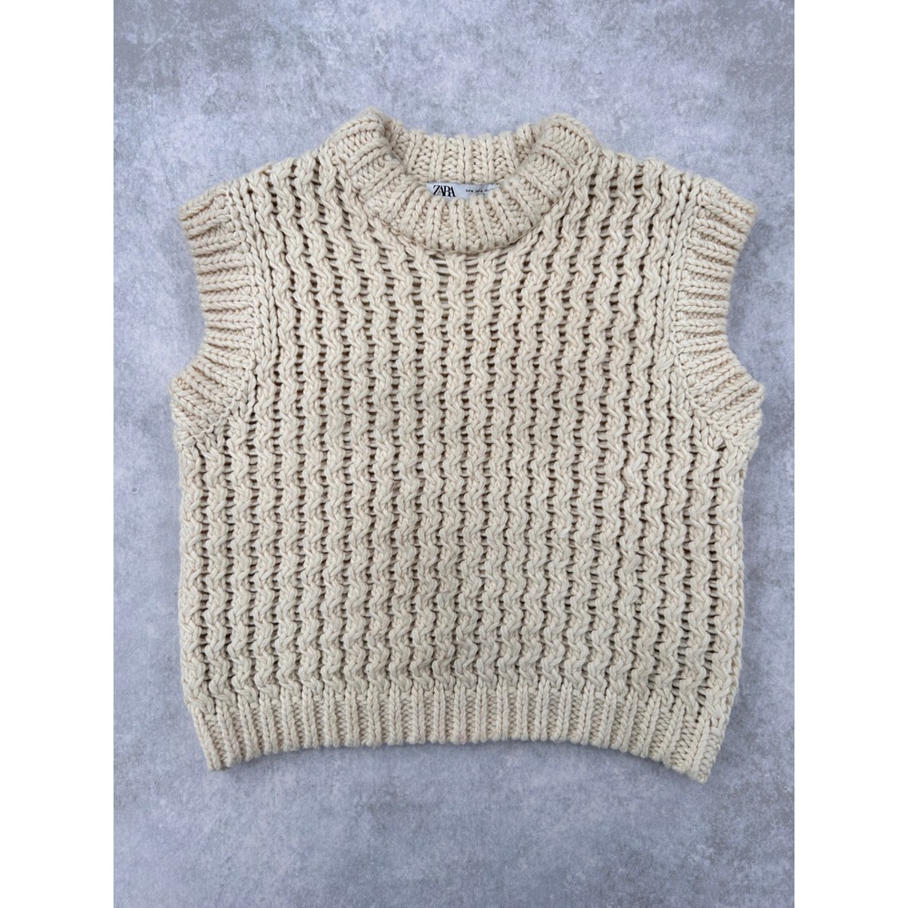 Zara Women Cream Chunky Cable Knit Sweater Vest Sleeveless Crew Neck Beige SZ M